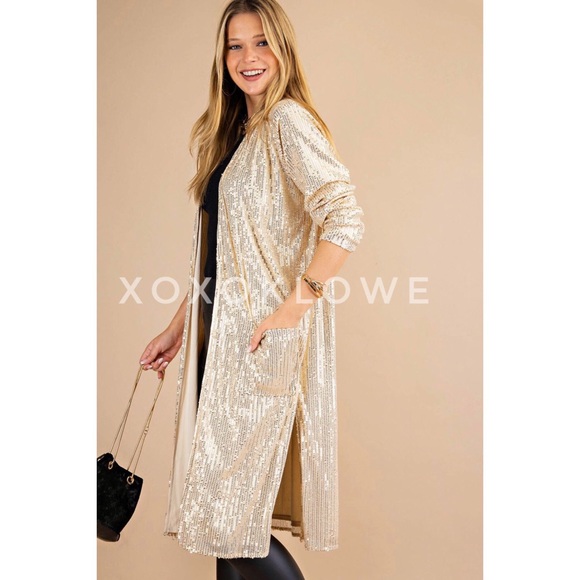 Gold Open Front SEQUIN Duster Long Fully Lined - Picture 8 of 13